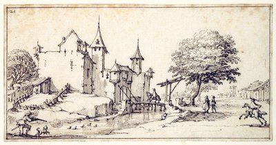 Um chateau com ponte levadiça (caneta e tinta castanha sobre papel) de Jacques Callot