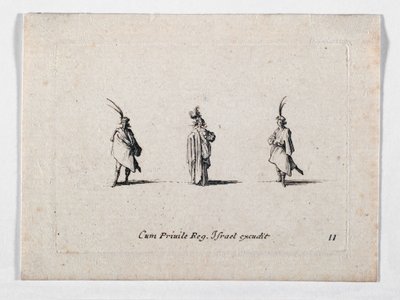 Uma senhora com um casaco comprido e dois cavaleiros, de ... (gravura) de Jacques Callot