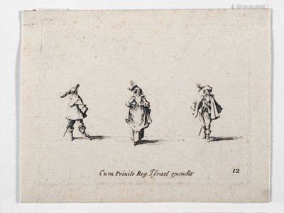 Uma senhora com um chapéu de plumas e dois cavaleiros, de ... (gravura) de Jacques Callot