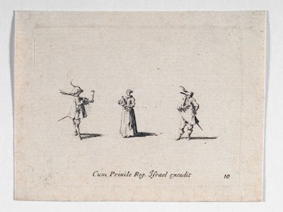 Uma senhora com uma garrafa de vinho e dois cavaleiros, de ... (gravura) de Jacques Callot