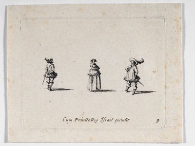 Uma senhora de braços cruzados e dois cavaleiros, de ... (gravura) de Jacques Callot