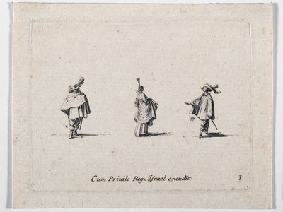 Uma senhora com saia franzida e dois cavaleiros, de Les Fantaisies de Noble J. Callot ... (gravura) de Jacques Callot