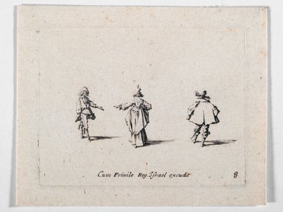 Uma senhora com a mão estendida, vista de costas, e dois cavaleiros, de Les Fantaisies de Noble J. Callot ... (gravura) de Jacques Callot