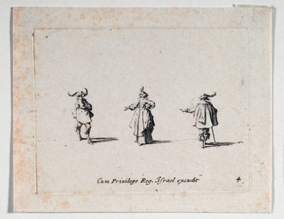 Uma senhora com a mão estendida e dois cavaleiros, de ... (gravura) de Jacques Callot