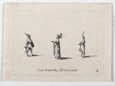 Uma senhora com chapéu de plumas e dois cavaleiros, de ... (gravura) de Jacques Callot