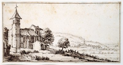 Uma paisagem fluvial perto de Nancy, com a igreja da aldeia de Maxeville e outra a meia distância, de um álbum pertencente a Israel Silvestre, c.1630 (caneta e tinta sobre papel) de Jacques Callot