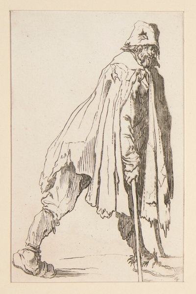 Mendigo de boné, de muletas, de Os mendigos. de Jacques Callot
