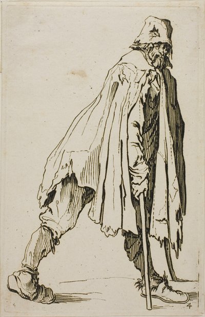Mendigo de muletas usando um chapéu, prato quatro de Os mendigos de Jacques Callot