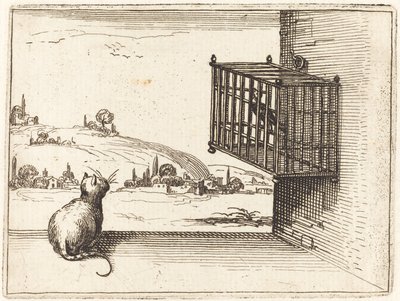 Gato observando pássaro engaiolado de Jacques Callot