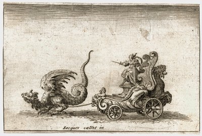 Combate à barreira: Uma carruagem puxada por um dragão ... (gravura) de Jacques Callot