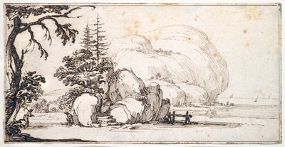 Fantásticas pedras junto à costa, edifícios na costa (caneta e tinta castanha sobre papel) de Jacques Callot