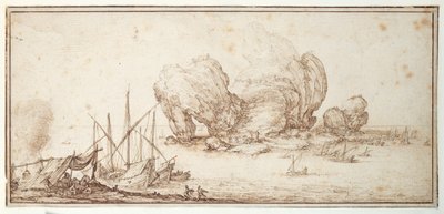 Pedras fantásticas, fortificadas. Transporte. Marinheiros bivouac à vista do seu ofício (Le Grand Rocher) (caneta e tinta sobre papel) de Jacques Callot