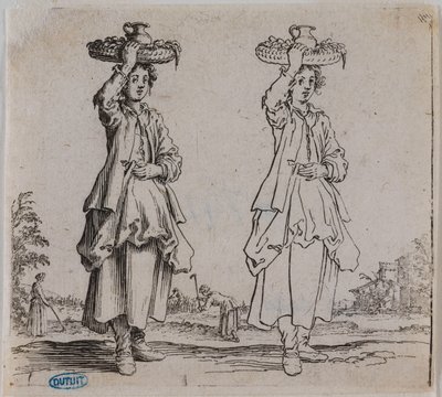 Figuras variadas. A camponesa vista de frente, segurando um cesto na cabeça. Sexto número de uma série de 16 peças (Lieure 203, Meaume 741) de Jacques Callot
