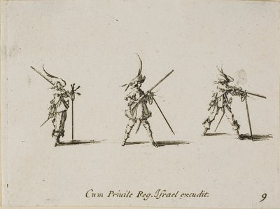 Disparando o mosquete, placa nove dos exercícios militares de Jacques Callot