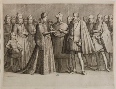 A Vida de Fernando I de Médici, O Casamento de Fernando I. Primeiro número de uma série de 16 peças concluídas e 2 peças suplementares (Lieure 147, Meaume 534) de Jacques Callot