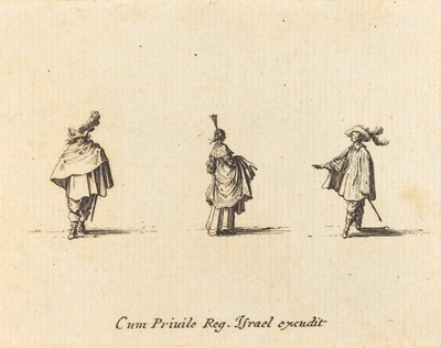Senhora com vestido reunido e dois cavalheiros de Jacques Callot