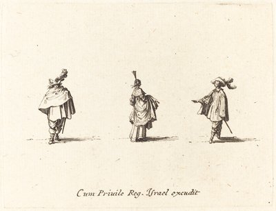 Senhora com vestido reunido e dois cavalheiros de Jacques Callot