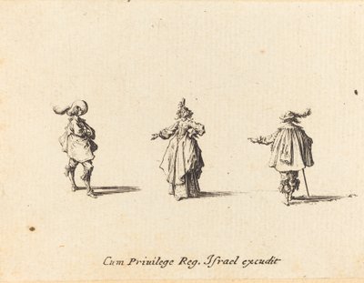 Senhora com o braço estendido e dois cavalheiros de Jacques Callot