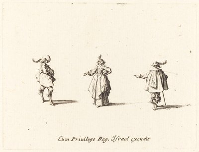 Dama de Braço Estendido e Dois Cavalheiros, provavelmente 1634. de Jacques Callot