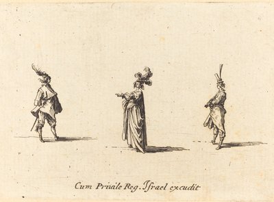 Senhora com chapéu emplumado e dois cavalheiros de Jacques Callot