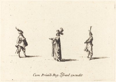 Senhora com chapéu emplumado e dois cavalheiros de Jacques Callot