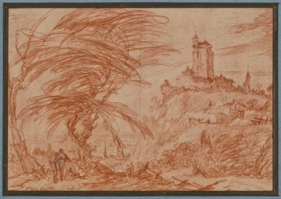 Landschaft, rechts auf einem Hügel ein großer Turm, links eine Baumgruppe und einige Figuren de Jacques Callot