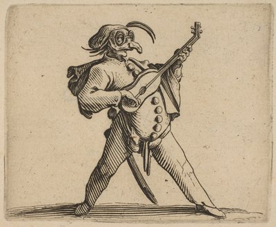 O comediante mascarado tocando violão O comediante mascarado tocando violão, de ..., 1616-22. de Jacques Callot