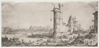 As duas excelentes vistas de Paris: Vista do Pont Neuf, 1628-1630. de Jacques Callot