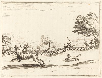 Leoa e filhote perseguidos por caçadores de Jacques Callot