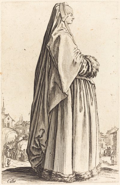 Mulher nobre vestindo um véu e um vestido enfeitado em pele de Jacques Callot