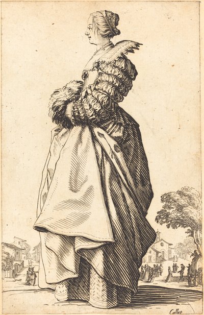 Mulher nobre de perfil com as mãos em um regalo de Jacques Callot