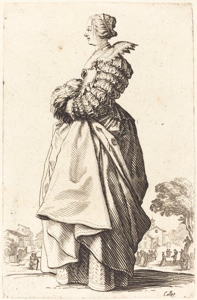 Mulher nobre de perfil com as mãos em um regalo de Jacques Callot