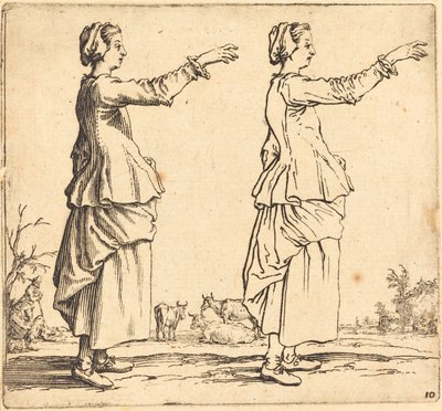 Mulher Camponesa, de Perfil, Virado à Direita, com Braço Estendido, 1617 e 1621. de Jacques Callot