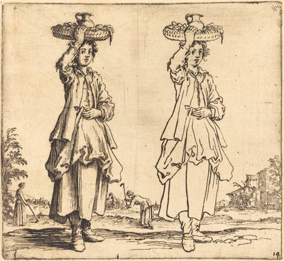 Mulher camponesa com cesta na cabeça, vista frontal de Jacques Callot