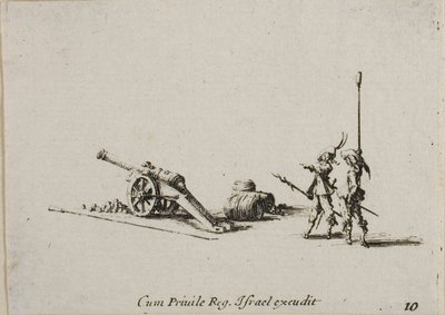 Preparando-se para disparar o Canon, placa dez dos Exercícios Militares de Jacques Callot