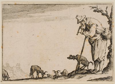 Pastor a tocar flauta, de «Os caprichos» (edição florentina) de Jacques Callot