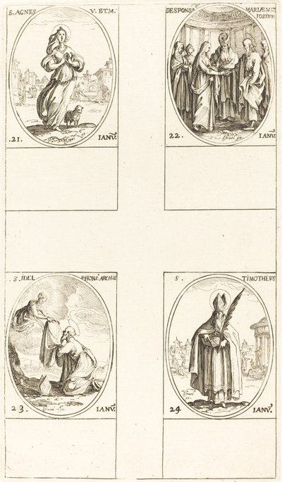 Santa Inês; O Casamento da Virgem; São Ildefonso; São Timóteo de Jacques Callot