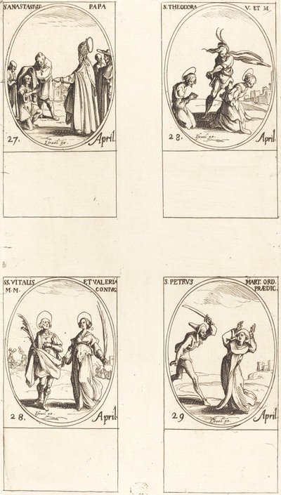 São Anastasius, São Teodoro, Santos Vitalis e Valéria, São Pedro Mártir. de Jacques Callot