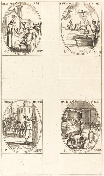 São Eleutério, abade; Santa Regina; São João; A Natividade da Virgem de Jacques Callot