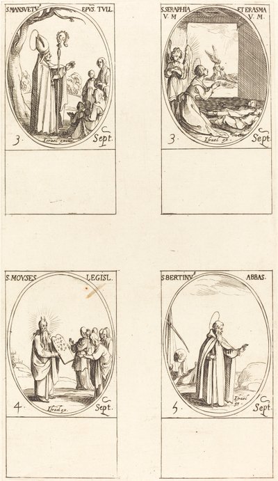 São Luís Mansueto; Sts. Serápia e Erasmus; Moisés; São Luís Bertin, abade de Jacques Callot