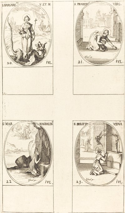 Santa Margarida de Antioquia, Santa Praxedes, Santa Maria Madalena, Santa Brígida da Suécia. de Jacques Callot