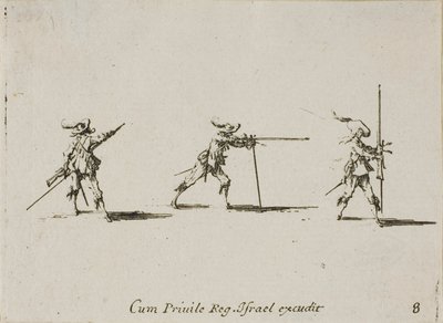 Tomando a Posição de Tiro com o Mosquete, placa oito dos Exercícios Militares de Jacques Callot