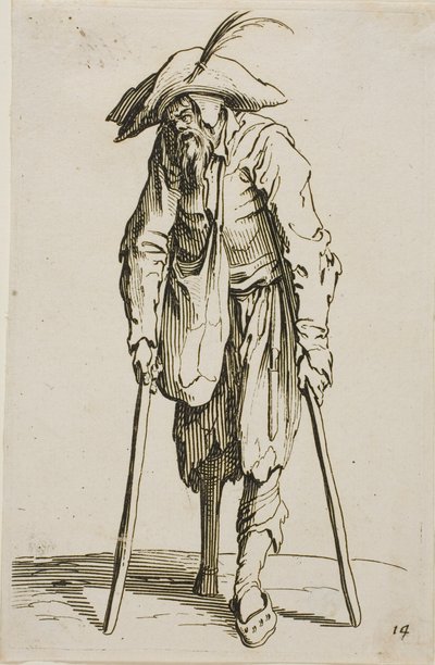 O mendigo com a perna de madeira, prato quatorze de Os mendigos de Jacques Callot