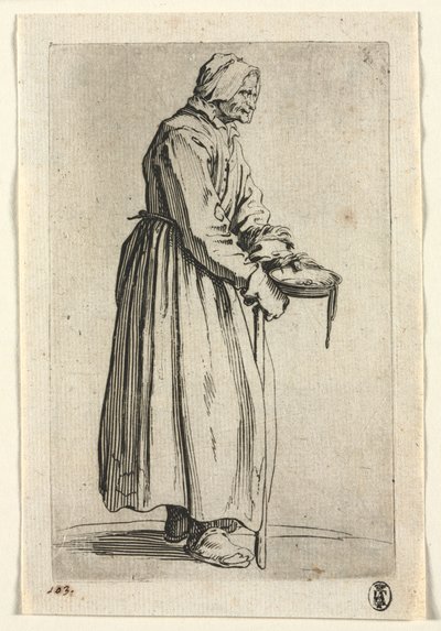 Os mendigos: mulher mendiga com sua tigela de esmolas, c. 1623 de Jacques Callot