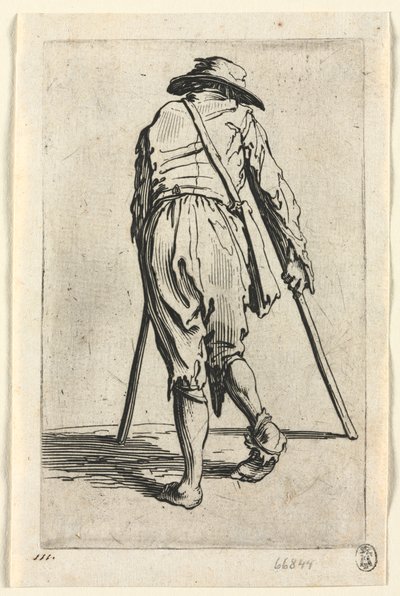 Os mendigos: mendigo de muletas, usando um chapéu de Jacques Callot
