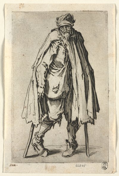 Os Mendigos: Mendigo de muletas com uma sacola, c. 1623 de Jacques Callot
