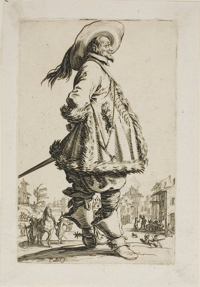 O cavalheiro em um manto de pele, segurando as mãos atrás das costas, prato sete de La Noblesse de Jacques Callot