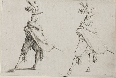 O cavalheiro de casaco, posando com as mãos nos quadris, from Os Caprichos de Jacques Callot