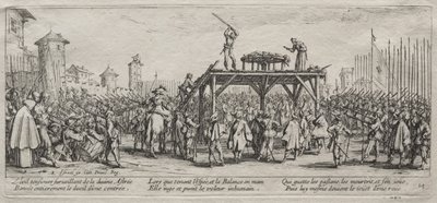 As grandes misérias da guerra: execução na roda, 1633. de Jacques Callot