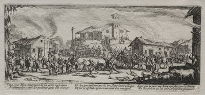 As grandes misérias da guerra: pilhagem e queima de uma aldeia, 1633. de Jacques Callot